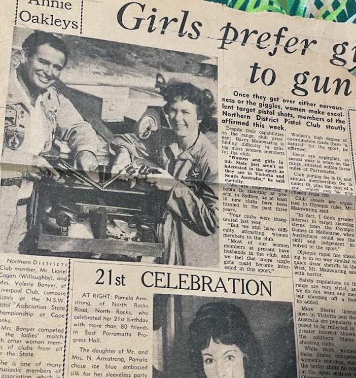 Newspaper clipping headed “Girls prefer giggles to guns”, with a photograph of Val Banyer and Lionel Cogan