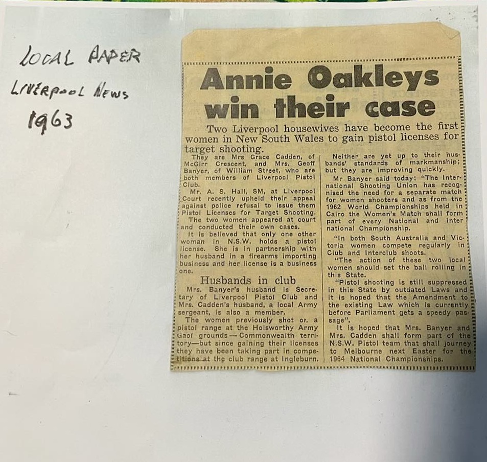 Newspaper clipping headed “Annie Oakleys win their case”, reporting that two Liverpool women had become the first in New South Wales to gain pistol licences for target shooting