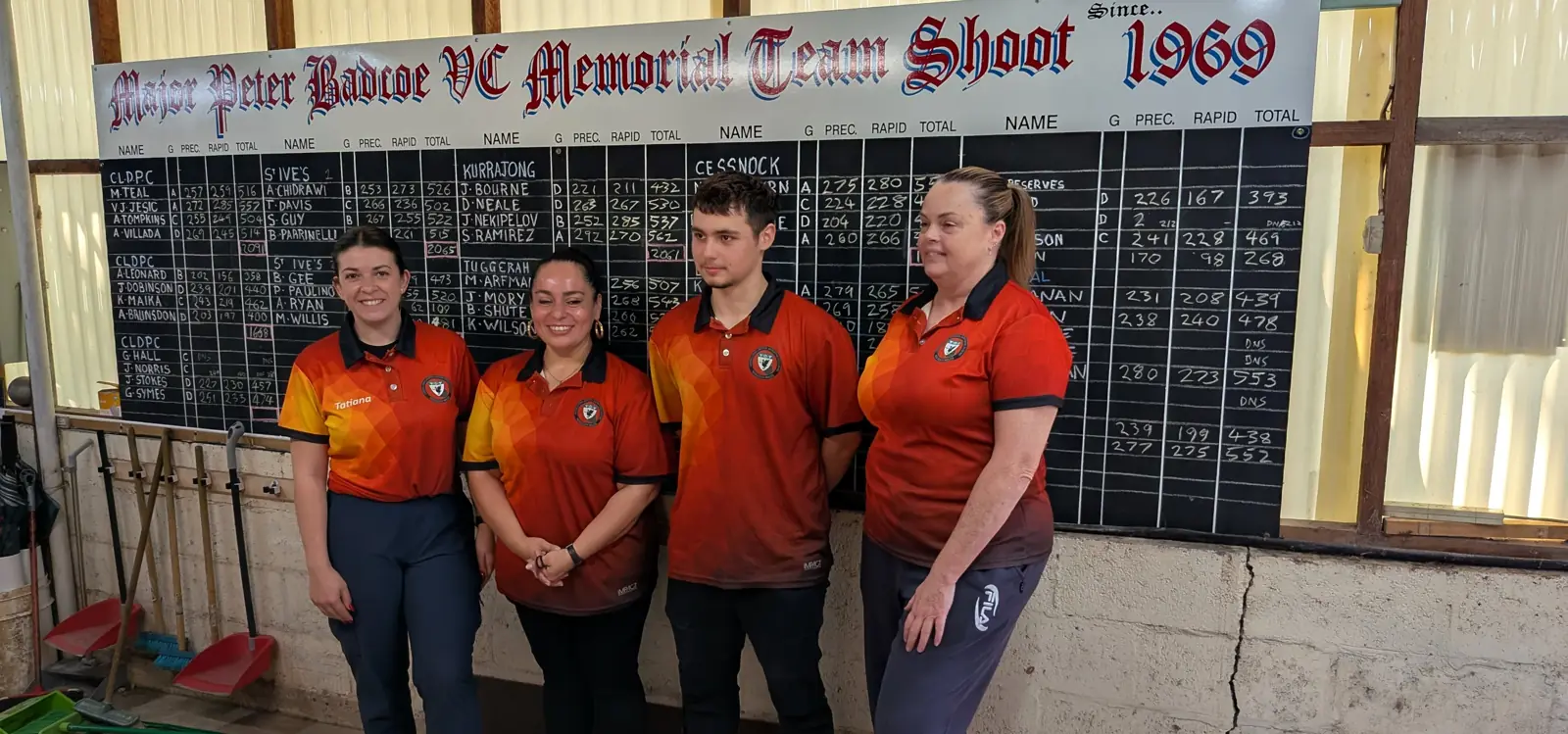 CLDPC members in club colours at the Peter Badcoe VC Memorial honour board